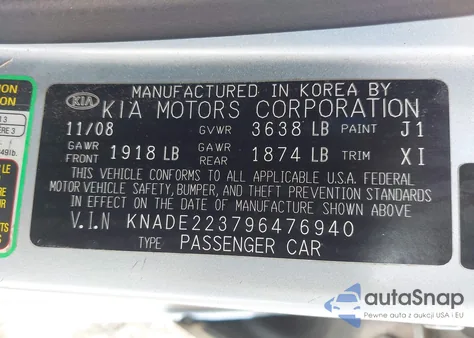 2009 Kia Rio Lx z USA, uszkodzony, nr VIN KNADE223796476940